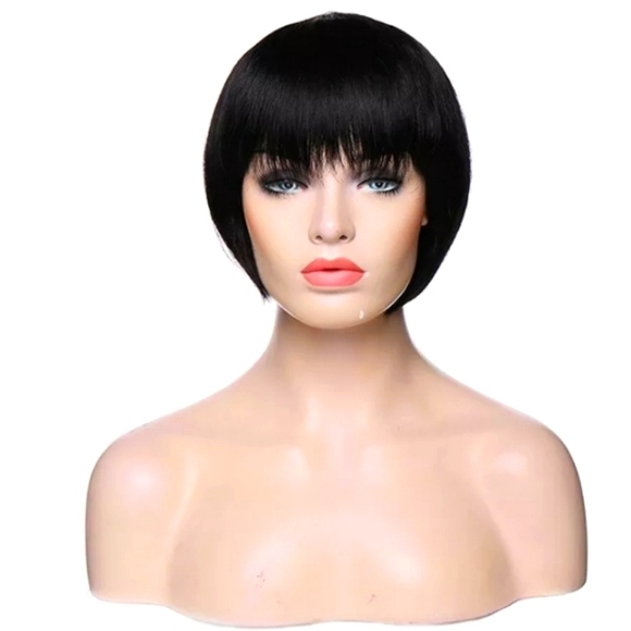 Short Bob Pixie Full Wig Boycut  Hair Wigs With Neat Bangs Black - Picture 1 of 2